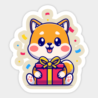 Cute Shiba Inu With Gift Box Cartoon Sticker